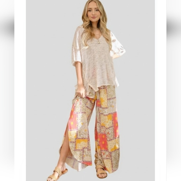 And The Why Pants - And The Why Smocking Waist Side Wide Leg Slit Printed Women's Pants Size S